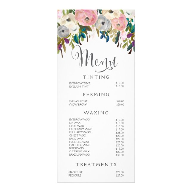 Painted Floral Salon Stylist Menu Price List (Front)