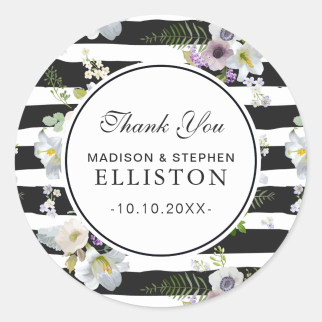 Painted Floral Striped Pattern | Thank You Classic Round Sticker (Front)