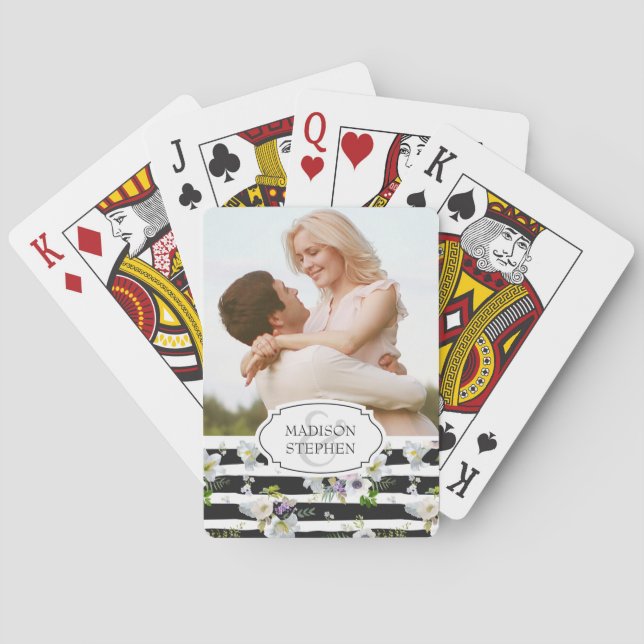 Painted Floral Striped Pattern - Wedding Photo Playing Cards (Back)