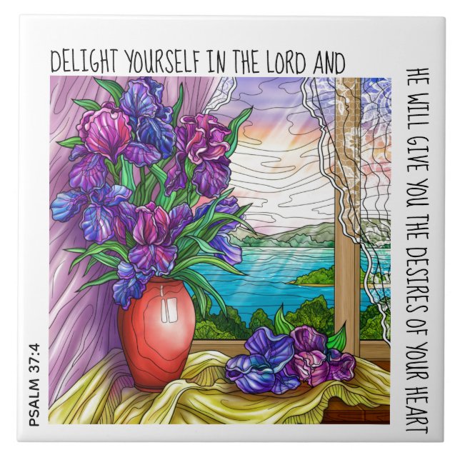 Painted floral & sunrise, w/ verse from Psalm 37:4 Ceramic Tile (Front)