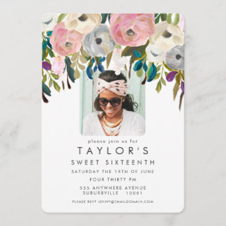 Painted Floral Sweet 16 Birthday Party Photo Invitation