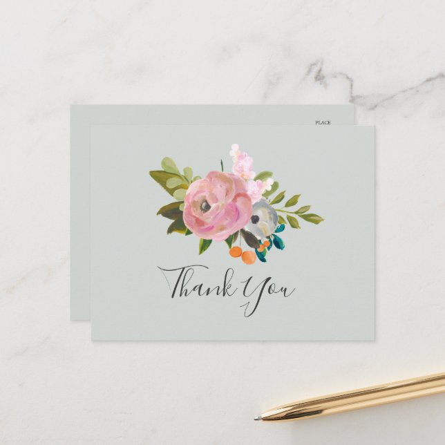 Painted Floral Thank You Postcard (Front/Back In Situ)