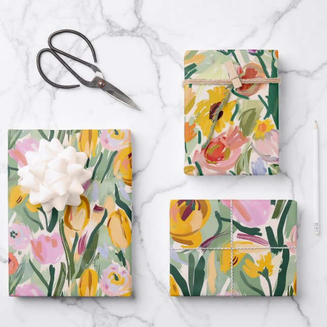 Painted Floral Tulip & Sunflower Wrapping Paper (Front)