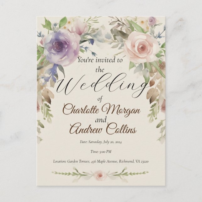 Painted floral wedding invitation postcard (Front)