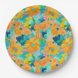 Painted Floral Yellow Blue Green Pink Art Colorful Paper Plate