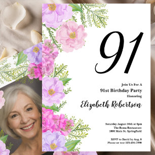 Painted Flower Custom Photo Template 91st Birthday