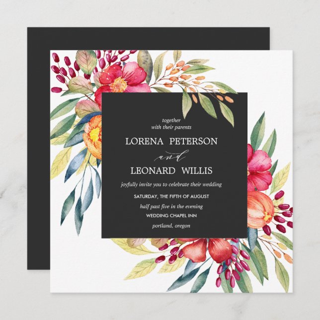 Painted Flower Modern ELEGANT Rustic square grey Invitation (Front/Back)
