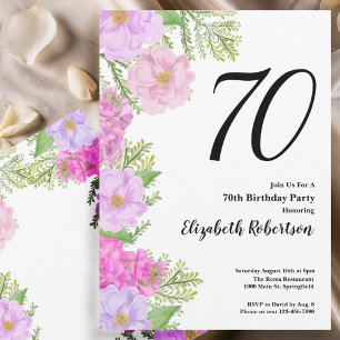 Painted Flowers and Ferns 70th Birthday Invitation