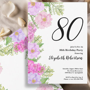 Painted Flowers and Ferns 80th Birthday Invitation