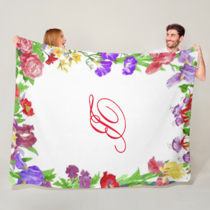 Painted Flowers Border Frame Red Purple Yellow Fleece Blanket