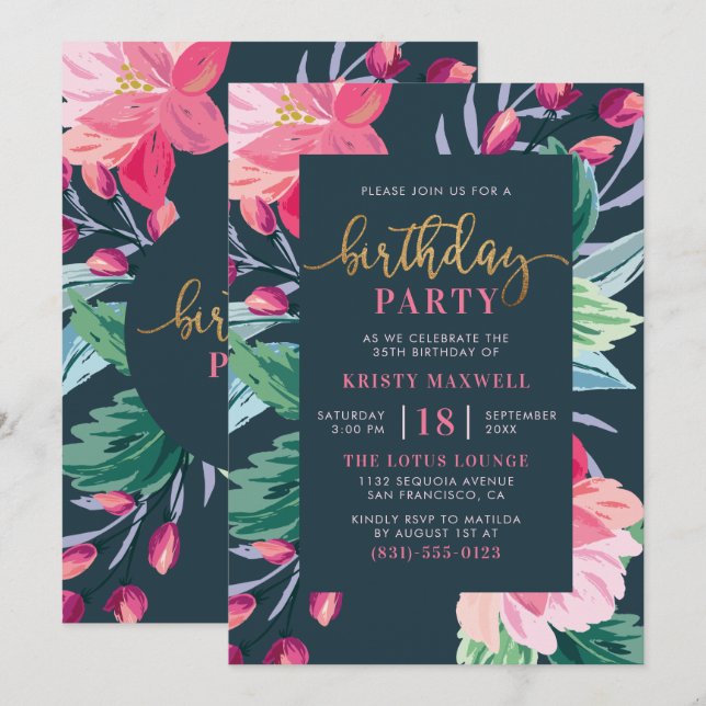 Painted Flowers & Chic Gold Script Birthday Party Invitation (Front/Back)