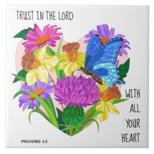 Painted flowers in Heart,  Verse from Proverbs 3:5 Ceramic Tile