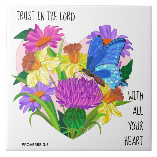 Painted flowers in Heart,  Verse from Proverbs 3:5 Ceramic Tile (Front)
