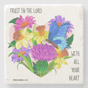 Painted flowers in Heart,  Verse from Proverbs 3:5 Stone Coaster