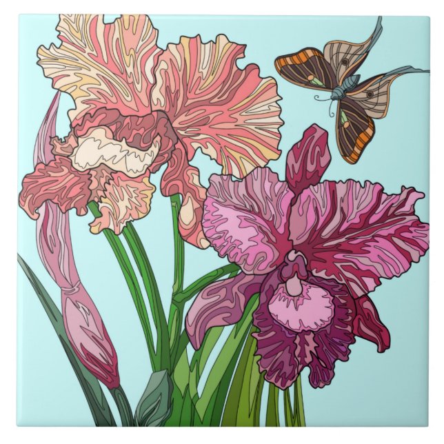 Painted Flowers, iris and butterfly on mint Ceramic Tile (Front)