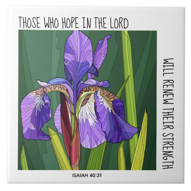 Painted Flowers (Iris) w/ verse from Isaiah 40:31 Ceramic Tile (Front)