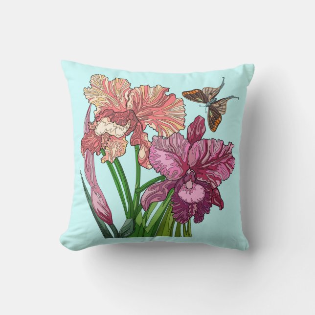 Painted Flowers, iris with butterfly on mint Cushion (Front)