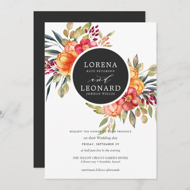 Painted flowers monogram wreath wedding dark grey invitation (Front/Back)