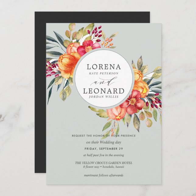 Painted flowers monogram wreath wedding light grey invitation (Front/Back)