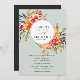 Painted flowers monogram wreath wedding light grey invitation