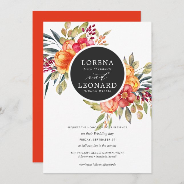 Painted flowers monogram wreath wedding orange invitation (Front/Back)