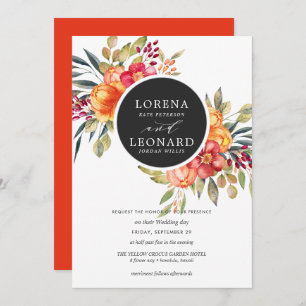 Painted flowers monogram wreath wedding orange invitation