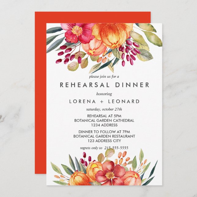 Painted  Flowers Orange REHEARSAL DINNER Wedding Invitation (Front/Back)