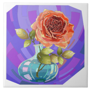 Painted flowers, pink rose in vase ceramic tile