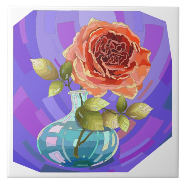 Painted flowers, pink rose in vase ceramic tile (Front)