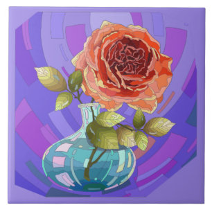 Painted flowers, pink rose in vase ceramic tile