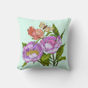 Painted Flowers, Poppies and Butterflies on mint Cushion