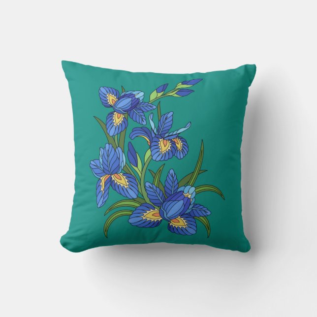 Painted Flowers, pretty blue iris on teal Cushion (Front)
