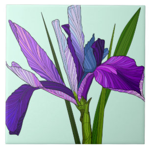 Painted Flowers, pretty purple iris on mint Ceramic Tile