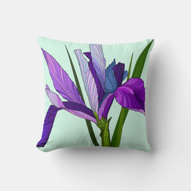 Painted Flowers, pretty purple iris on mint Cushion (Front)