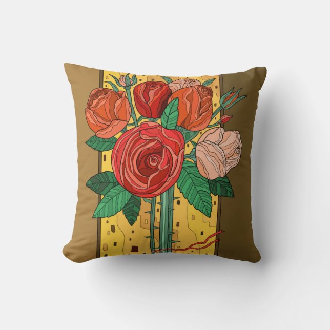 Painted Flowers, Southwestern roses on brown Cushion (Front)