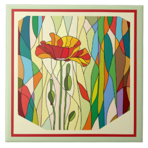 Painted Flowers, Stained Glass Look Ceramic Tile