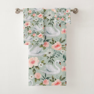 Painted Flowers & Swans Bath Towel Set