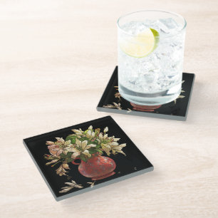 Painted flowers, vase of blooms on black glass coaster