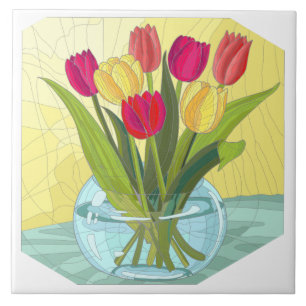 Painted flowers, vase of tulips ceramic tile