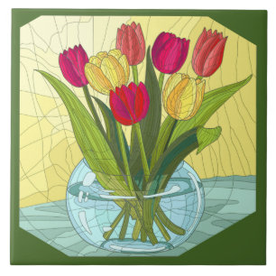 Painted flowers, vase of tulips ceramic tile
