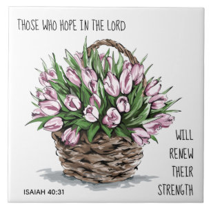 Painted flowers, verse from Isaiah 40:31 Ceramic Tile