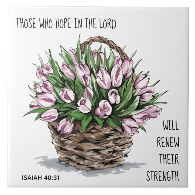 Painted flowers, verse from Isaiah 40:31 Ceramic Tile (Front)