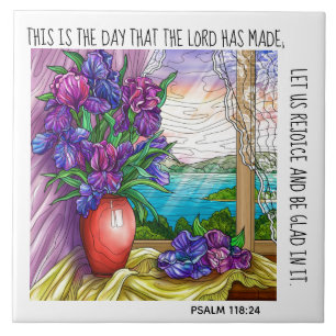 Painted flowers, verse from Psalm 118:24 Ceramic Tile
