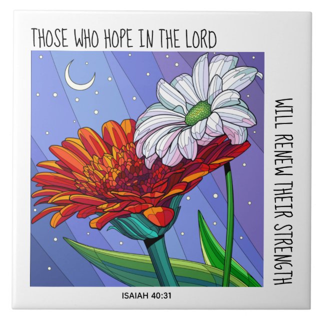 Painted Flowers, w verse from Isaiah 40:31 Ceramic Tile (Front)