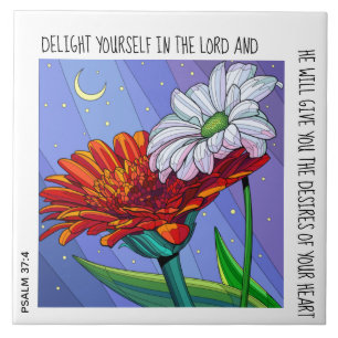 Painted flowers w/ verse Psalm 37:4 Ceramic Tile