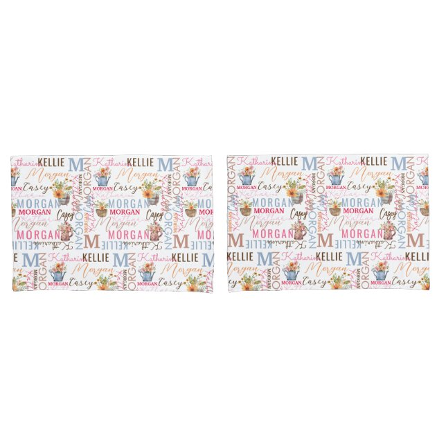 Painted Flowers with Name and Monogram Collage Pillowcase (Front-Set)