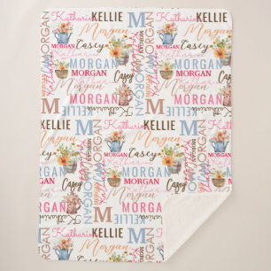 Painted Flowers with Name and Monogram Collage Sherpa Blanket