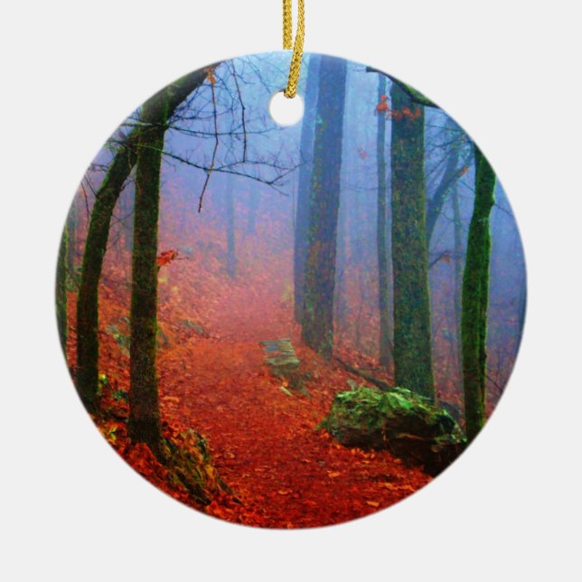 Painted Forest Autumn Blue Fog Ceramic Ornament (Front)