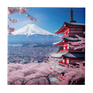 Painted Fuji mountain in cherry blossom season Ceramic Tile