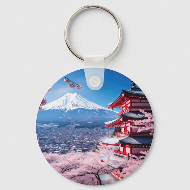 Painted Fuji mountain in cherry blossom season  Key Ring (Front)